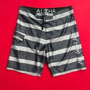 Da Hui Hawaii Mens Board Shorts Size 36 Black Grey Striped Aloha Surf Trunks